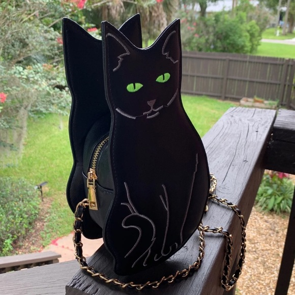 Black cat kitty crossbody purse gold chain kitten - Picture 4 of 13